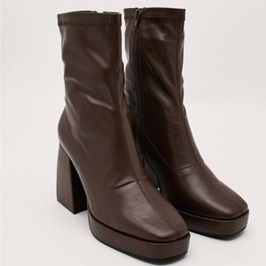Nasty gal. Faux leather platform sock boot size 6 in the color chocolate brown.